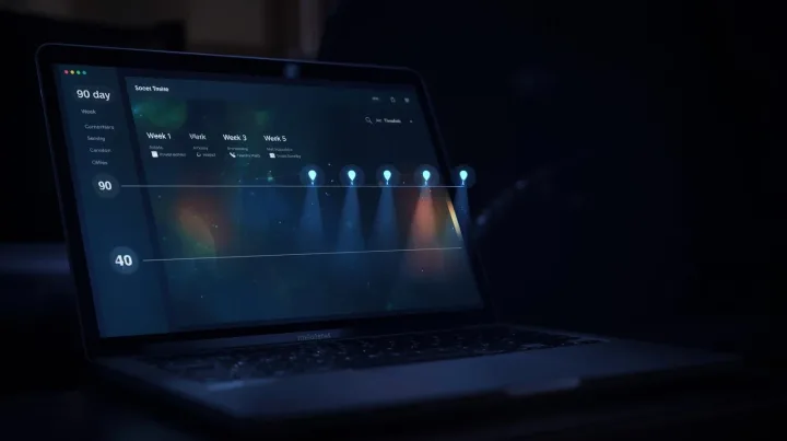 A timeline dashboard floating above a laptop at night, glowing 90-day horizontal timeline 