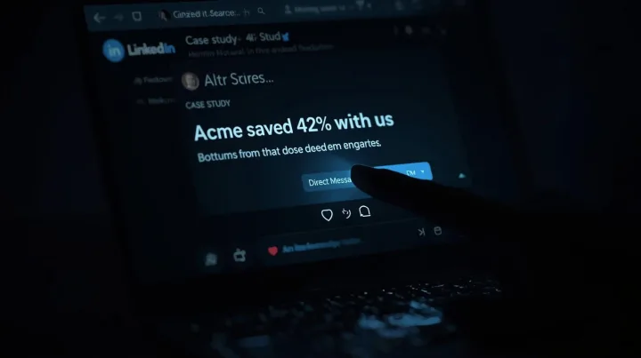 A sleek LinkedIn feed at night, one post glowing with a bold case study headline, "Acme saved 42% with us," a finger hovering over the DM  to demo button.