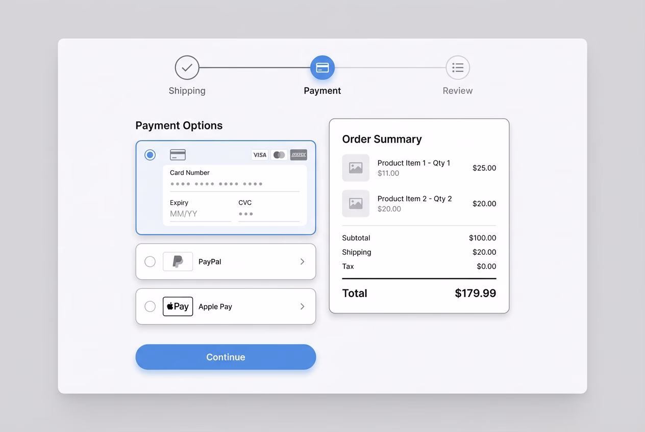 Simplified ecommerce checkout page with progress steps, multiple payment options, and clear order summary
