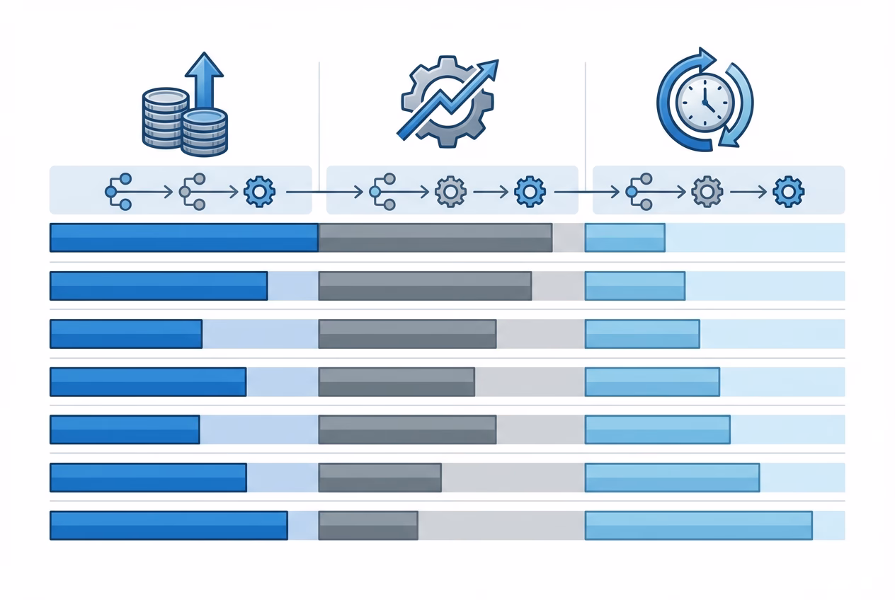 Automation project payback framework dashboard comparing costs, monthly benefits, and time to breakeven