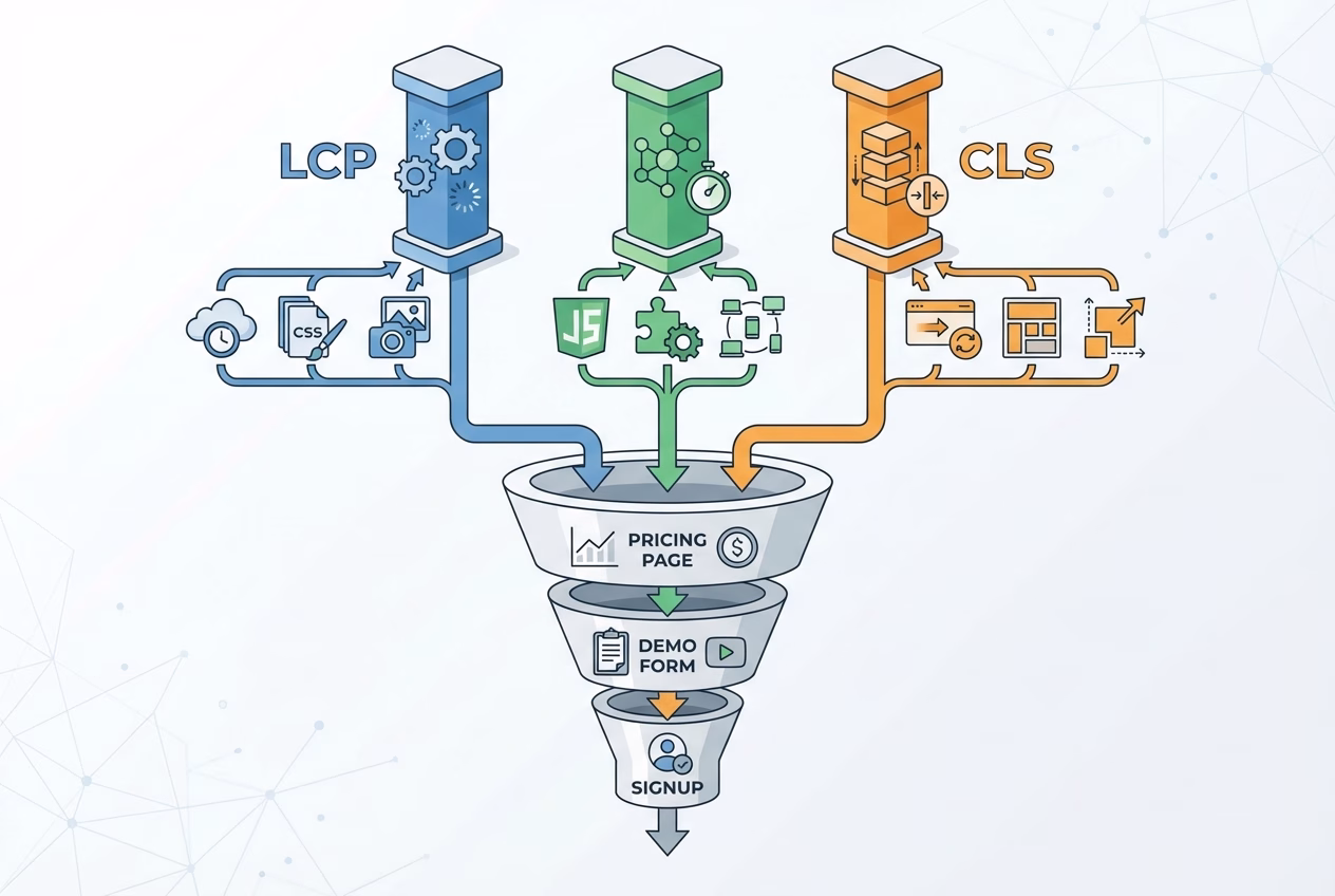 Core Web Vitals ROI: Fixes That Improve Rankings and Conversions 5 Performance workflow illustrating Core Web Vitals ROI across LCP INP CLS and conversion funnel