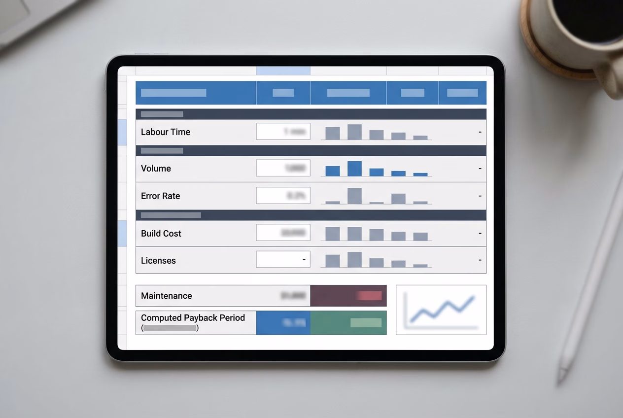Spreadsheet-style view of automation project payback inputs including build cost, licenses, and monthly net benefit