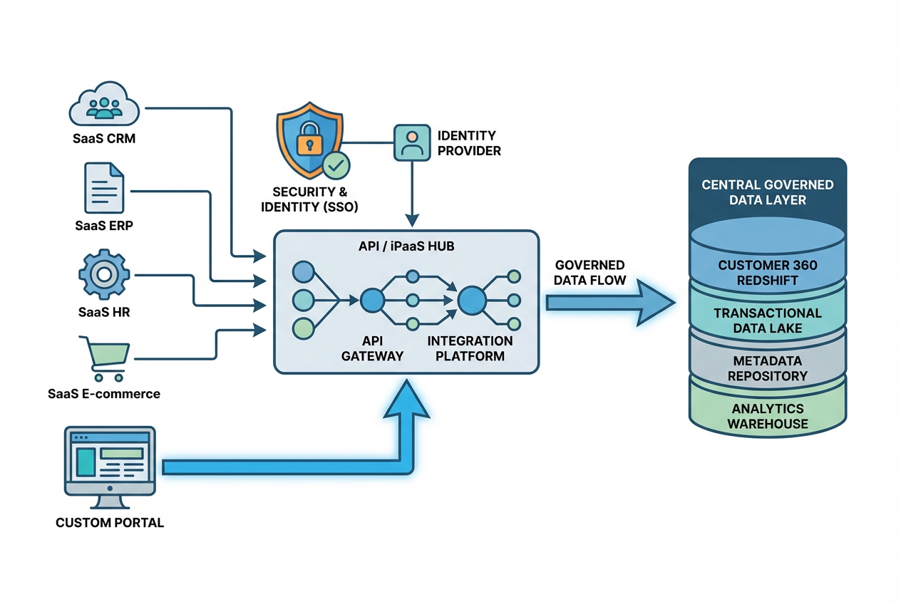 Two-Speed SaaS vs Custom Software: How to Choose the Right Approach 6 Integration-first architecture diagram for SaaS vs custom software with APIs and governed data flows