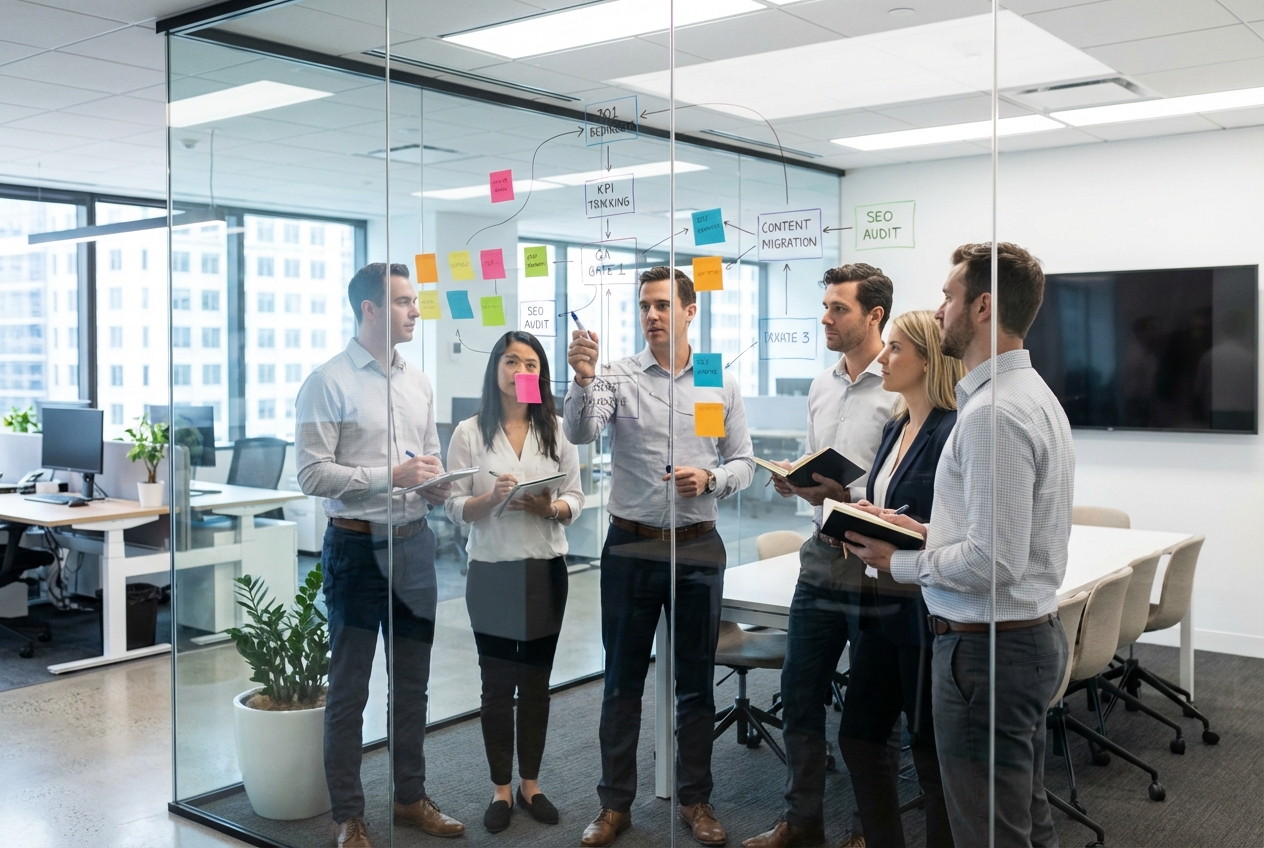 SEO‑Safe Replatforming Plan: A Step‑by‑Step Migration Checklist 4 Team whiteboarding an SEO-safe replatforming plan across URLs, redirects, and KPIs