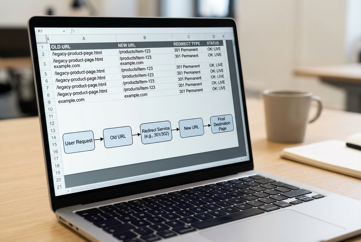 SEO‑Safe Replatforming Plan: A Step‑by‑Step Migration Checklist 5 Spreadsheet-style URL mapping used in an SEO-safe replatforming plan with old URLs, new URLs, and redirect codes
