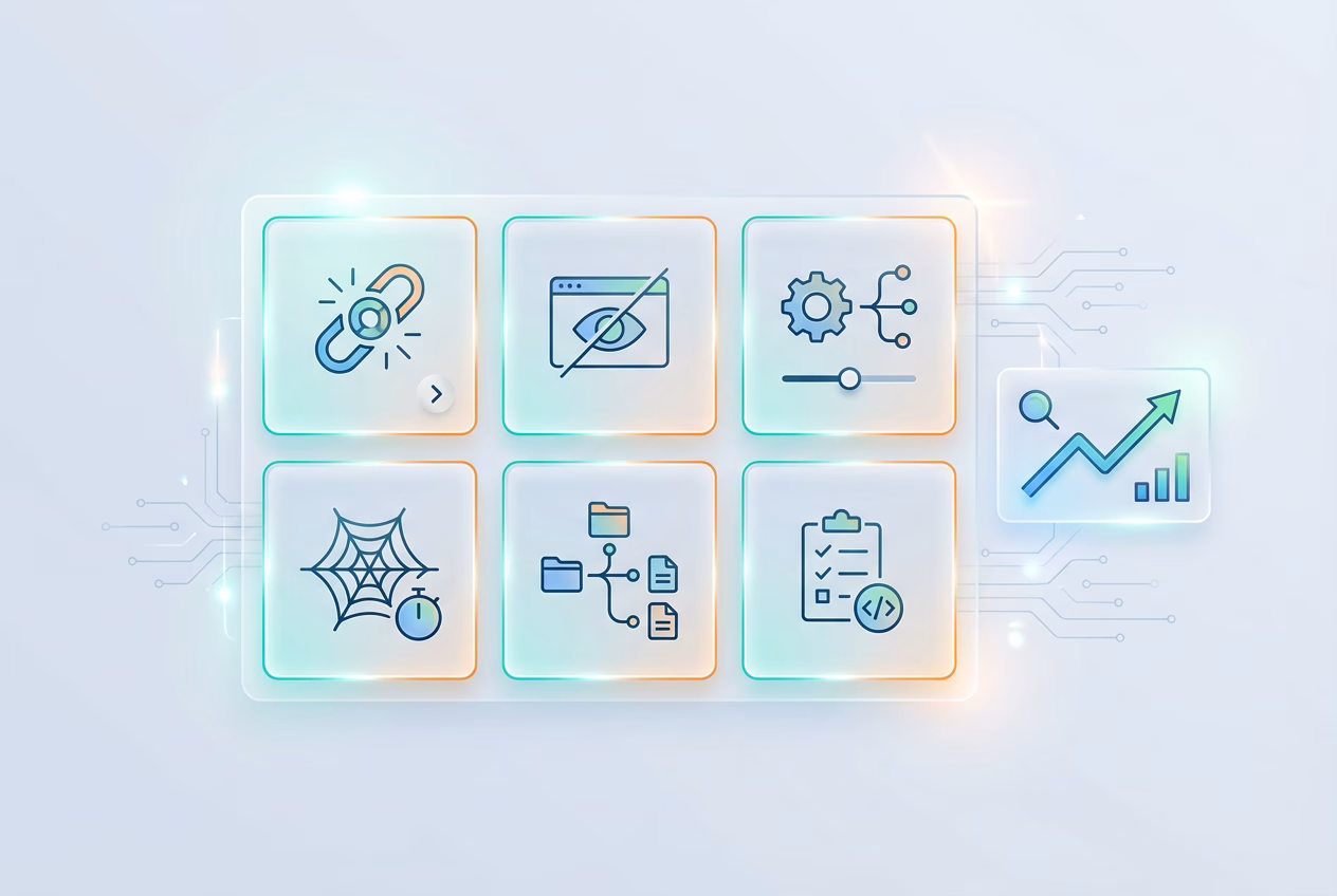 Programmatic SEO: 10 Expert Strategies for Success 6 Technical SEO safeguards checklist board for programmatic SEO including canonicals, noindex staging, and sitemaps