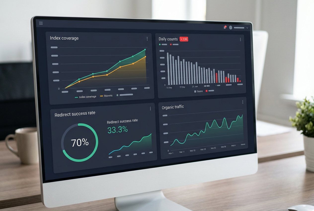 SEO‑Safe Replatforming Plan: A Step‑by‑Step Migration Checklist 6 Post-launch dashboard monitoring an SEO-safe replatforming plan with index coverage, redirects, and organic traffic