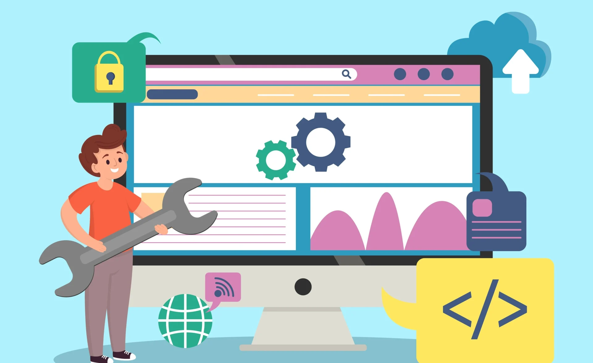 Image is about a designer using low-code/no-code tools on a computer