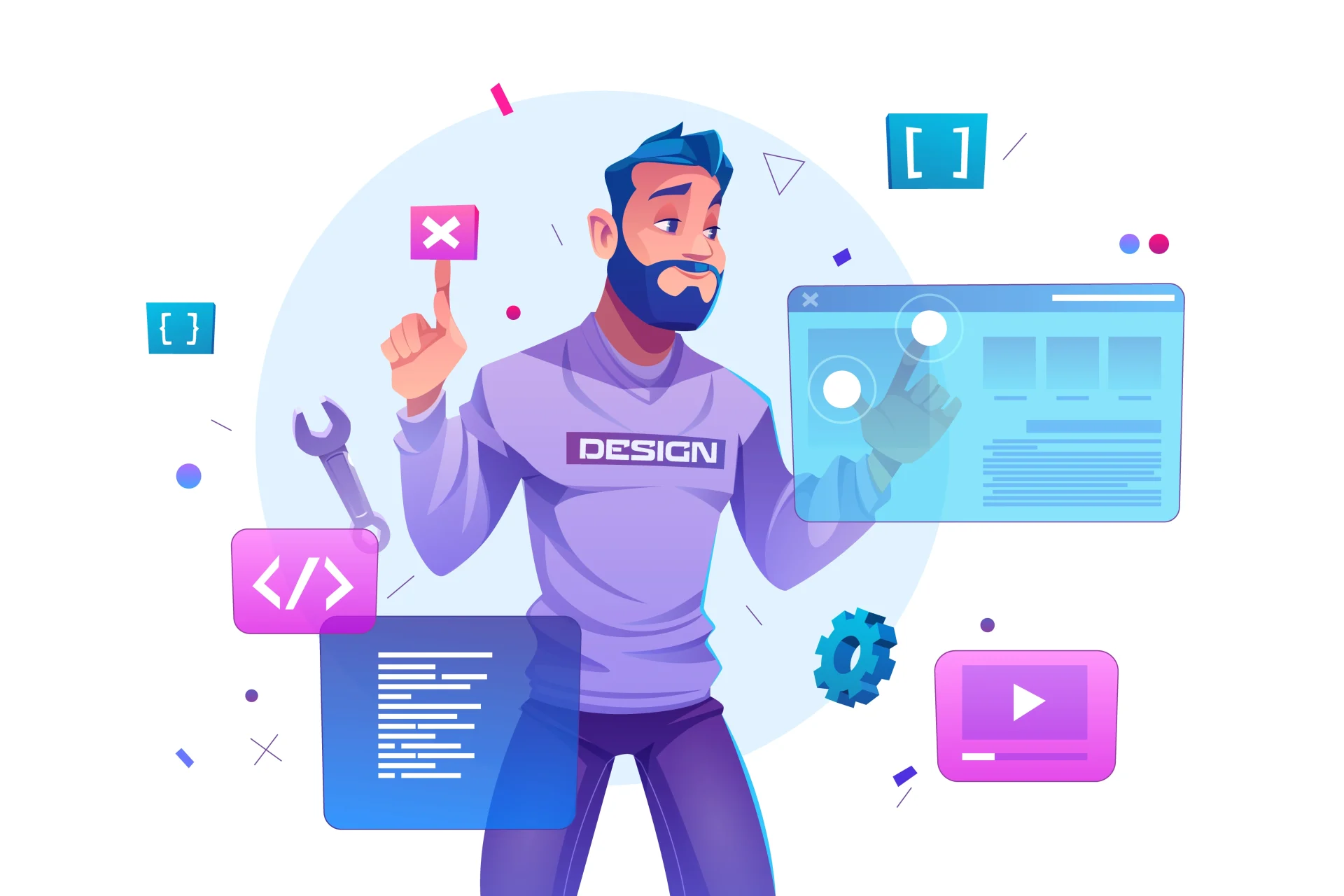 Image shows a designer using low code and no code platforms to build a website
