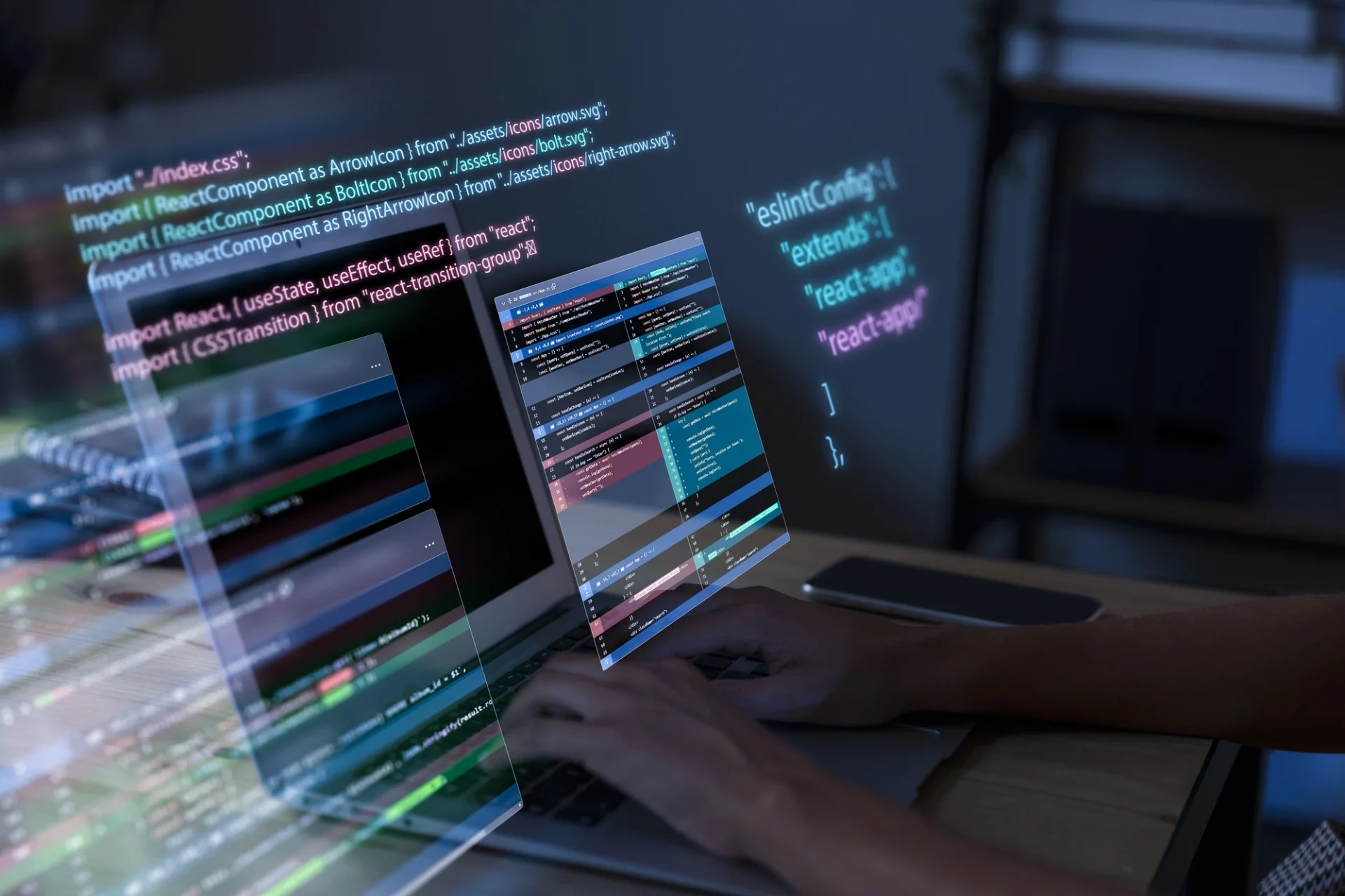 The image shows a person who is creating a web using Low-code/no-code Platforms